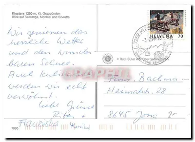Klosters — widok z zimnymi pokrywami — Rud. Suter AG, nr 7080 — Rewers