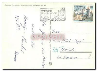 Klosters — widok na góry z kościołem — Verhütet Waldbrände — Rewers