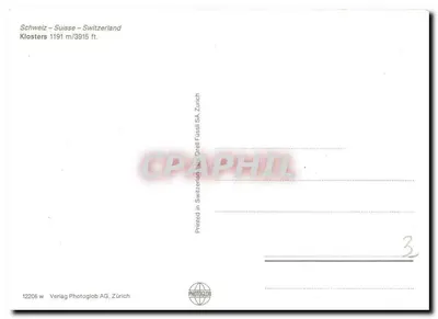 Zasnieżone wioski z pociągiem — Klosters, Szwajcaria — wydawca Photoglob AG, Zurych, nr 12206 w — Rewers