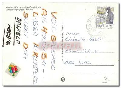 Klosters — widok panoramiczny i narciarze — Farbfoto Stefan Reiss, Davos, n° 785 — Rewers