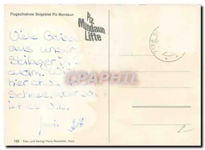 Piz Mundaun — widok z lotu ptaka na stokach narciarskich — Photo et Verlag Hans Rostetter, Ilanz, n°105 — Rewers