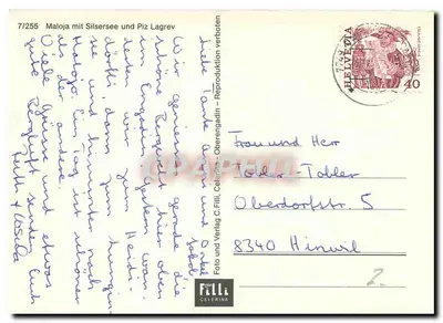 Maloja mit Silsersee und Piz Lagrev — 7/255 — Foto und Verlag C. FILLI, Celerina — Rewers