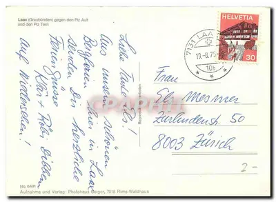 Laax (Graubünden) przed Piz Ault i Piz Terri — Photohaus Geiger, 7018 Films-Waldhaus, nr 6491 — Rewers