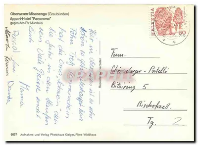 Obersaxen — zimowy widok z budynkami i zasnowioną góra — Photohaus Geiger, Flims-Waldhaus, n°6697 — Rewers