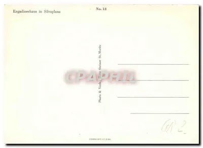 Engadinerhaus w Silvaplana — historyczne budynki z kościołem — Photo & Verlag Hans Steiner St. Moritz, Nr 13 — Rewers