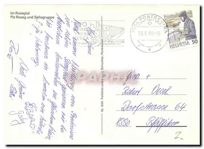 Piz Roseg i Sella Group — Szwajcaria — wydawca Nr 566 Farbfoto und Verlag Schrecher — Rewers