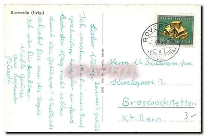 Roveredo (Grig.) — widok z lotu nad wsią i górami — Fot. W. Riccetti, Airolo — Rewers