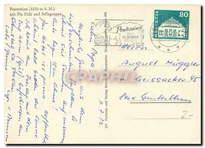 Ponte de Pontresina — com o grupo do Piz Palü — editor Farbphoto und Verlag Schochtn Press AG, n° 573 — Verso