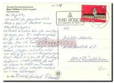 Sent 1440m — Widok zasypanego wsi w alpach szwajcarskich — wydawca Eschelsgrässli Piccolo, nr 1321 — Rewers