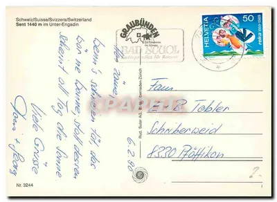 Sent — zimowy widok z kościołem i górami — wydawca Bad Scuol AG — Rewers