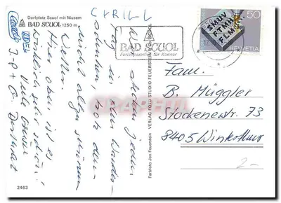 Dorfplatz z muzeum — Bad Scuol, Szwajcaria — Verlag Jon Feuerstein — Rewers
