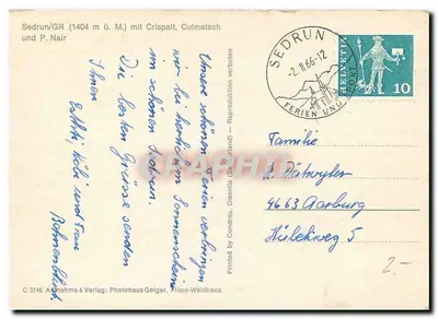 Sedrun — vista nevada com Crispalt e Culmatsch — Photohaus Geiger, n° C 3745 — Verso