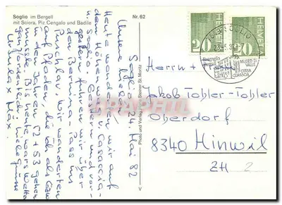 Soglio in het Bergell — met Sciora, Piz Cengalo en Badile — Foto en uitgeverij Hinks Steiner St. Moritz, n° 62 — Achterkant