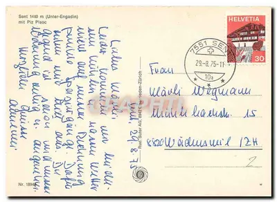 Enviado 1440 m (Unter-Engadin) com Piz Pisoc — Helvetia 30 — editor AG. 18942 — Verso