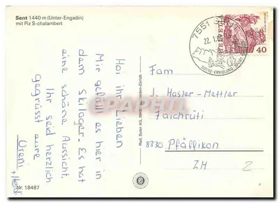 Villaggio innevato nelle Alpi — Sent 1440 m (Unter-Engadin) con Piz S-chalambert — Rud. Suter A.G. Nr. 18487 — Verso