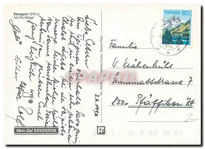 Savognin — panoramowy widok z zimnym tłem z Piz Mitgel — wydawca FF, n° 012-564 — Rewers