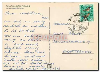 Widok zjeżdżalni narciarskich w Martegnas — Savognin-Riom-Parsonz — wyd. Farbphoto Futter, nr 012-513 — Rewers