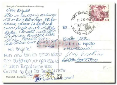 Widok z lotu nad zasnowionymi górami Savognin — Cunter, Riom, Parsonz, Tinizong — wydawca nieznany — Rewers