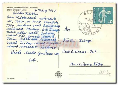 Sedrun — zasnieżony wioska z czerwonym pociągiem — n° 16398 — Rewers