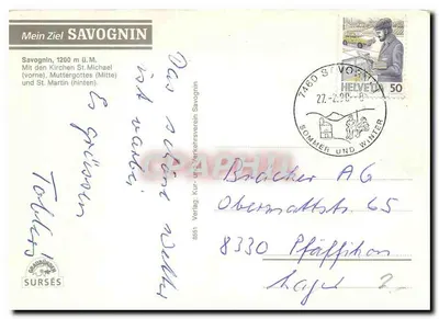 Savognin — zimowa sceneria z zasnowioną góra — Verlag Kur- und Verkehrsverein Savognin, n° 8551 — Rewers