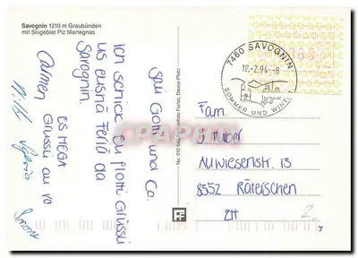 Savognin — zasnieżone wioski w Alpach — wydawca: Fotobüro Furer, Davos-Platz, nr 012-58b — Rewers