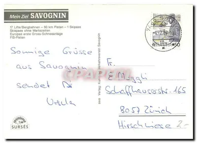 Savognin — Karta pocztowa z nartami — Verlag Kur- und Verkehrsverein Savognin — Rewers