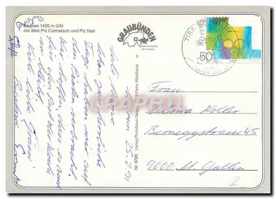 Sedrun — widok zasnowionego wioska z górami Piz Culmatsch i Piz Nair — Verlag Photohaus Geller — Rewers
