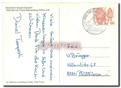 Ferienheim Schule Küsnacht Sarn GR — widok placówki i krajobrazu alpejskiego — Photo und Verlag C. Guler, 7430 Thusis — Rewers