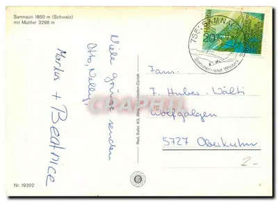 Samnaun 1850 m (Szwajcaria) — z Muttler 3298 m — wydawca Rud. Suler AG, nr 19392 — Rewers