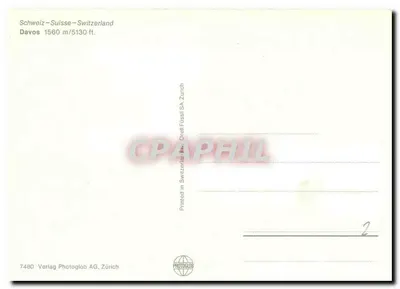 Davos — widok panoramiczny, stacja Pârseinenbahn, autobus i taras — wydawca Photoglob AG Zürich, nr 7480 — Rewers