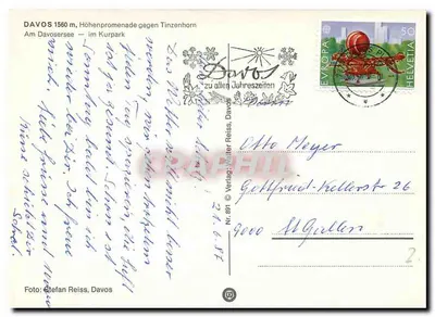 Davos — Squirrel, widoki górskie, jezioro i fontanna — Verlag Walter Reiss, Nr. 1891 — Rewers
