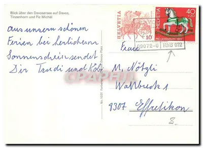 Davos — Widok na jezioro Davos, Tinzenhorn i Piz Michel — wydawca Farthepin, nr 1031 — Rewers