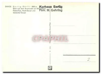 Davos Sertig-Dörfl 1860m — Widok z lasu Arvenwald na Mittagshorn, Plattenflue, Hoch-Ducan i Gletscher-Ducan — Wydawnictwo FF, N° 1016 — Rewers