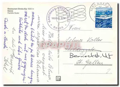 Restauracja Strela-Alp — Davos — Gasthaus Strela 1920 m — wydawca: Gasthaus Strela, Davos, nr 7.259 — Rewers