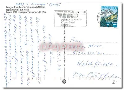 Davos — zimowy krajobraz z narciarzami i kościołem — wydawca Walter Reiss, nr 974 — Rewers