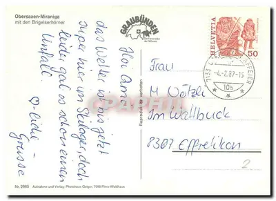 Obersaxen-Miraniga z Brigellerhörner — Gryzonia, Szwajcaria — Photohaus Geiger, 7018 Filmo-Waldhaus, nr 2985 — Rewers