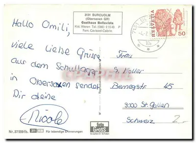 Alpejski krajobraz i wieś Obersaxen — Gasthaus Bellavista — wydawca form Gross, nr 37 559 fb — Rewers