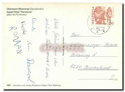 Obersaxen — widok zimowy z hotelami — Photohaus Geiger, Flims-Waldhaus, n°6697 — Rewers