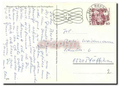 Wengen — widok z Grosshorn, Breithorn i Tschingelhorn — Foto Fritz Lauener, Verlag Jul. Burch — Rewers