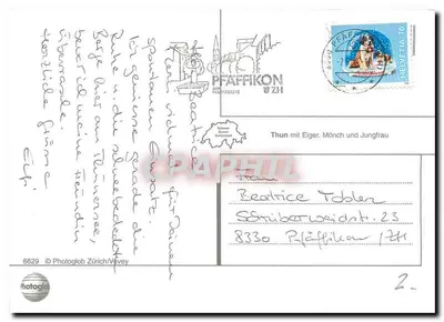Thun — widok z lotu ptaka z jeziorem i górami — Photoglob Zürich/Vevey — Rewers
