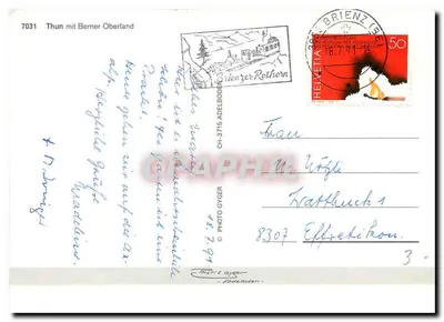 Thun com Berner Oberland — carta postal ilustrada — Photo Gyger — Verso