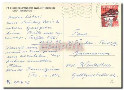Sustenpass com o Gwächtenhorn e as Tierberge — editor Helvetia, n° de série 74-2 — Verso