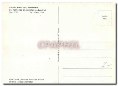 Gasthof zum Kreuz, Sumiswald — hotel de montanha tradicional — Impressão e impressão: G. Maurer AG Spiez, n° 1265 — Verso