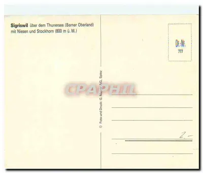 Sigriswil — widok na jezioro Thoune i góry Niesen i Stockhorn — G. Maurer AG, Spiez, nr 777 — Rewers