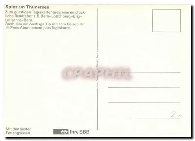 Spiez am Thunersee — vista primaveril com flores de cerejeira e trem — SBB — Verso