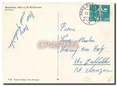 Hotel Rosenlauk — montanha com floresta — editor R. Würgler, n° F 91 — Verso