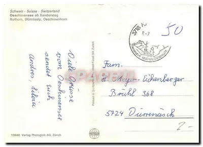Jezioro Oeschinen — widok panoramiczny z zasnieżonymi górami — Verlag Photoglob AG, Zürich, nr 10646 — Rewers