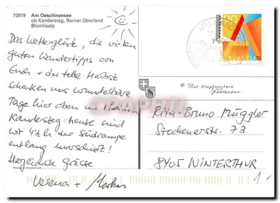 Jezioro Oeschinen — zasneżone góry i drzewo jesiennego liścia — wydawca Thot Klopfenstein, nr 70819 — Rewers