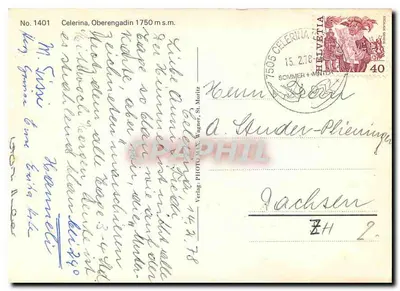 Celerina, Oberengadin 1750 m n.p.m. — panoramowa scena zimowa — Verlag PHOTO-MAX Wagner, nr 1401 — Rewers