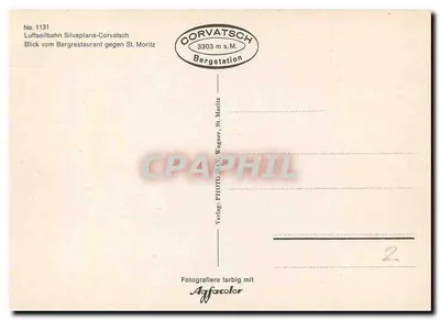 Widok zasnieżonych Alp — czerwony teleferyk — wydawca Corvatsch, nr 1131 — Rewers